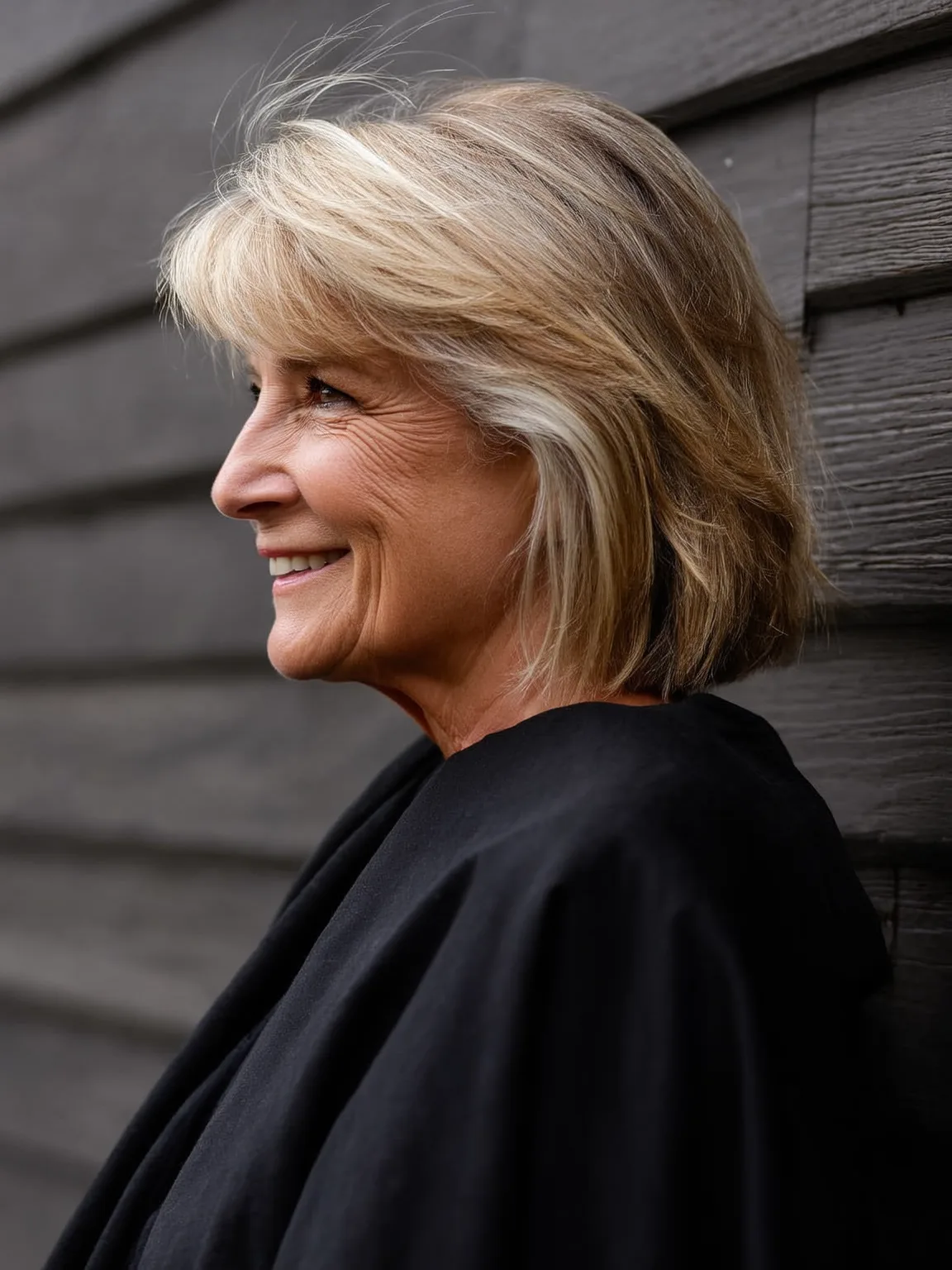 Layered Wavy Sandy Blonde Bob with Side-Swept Bangs